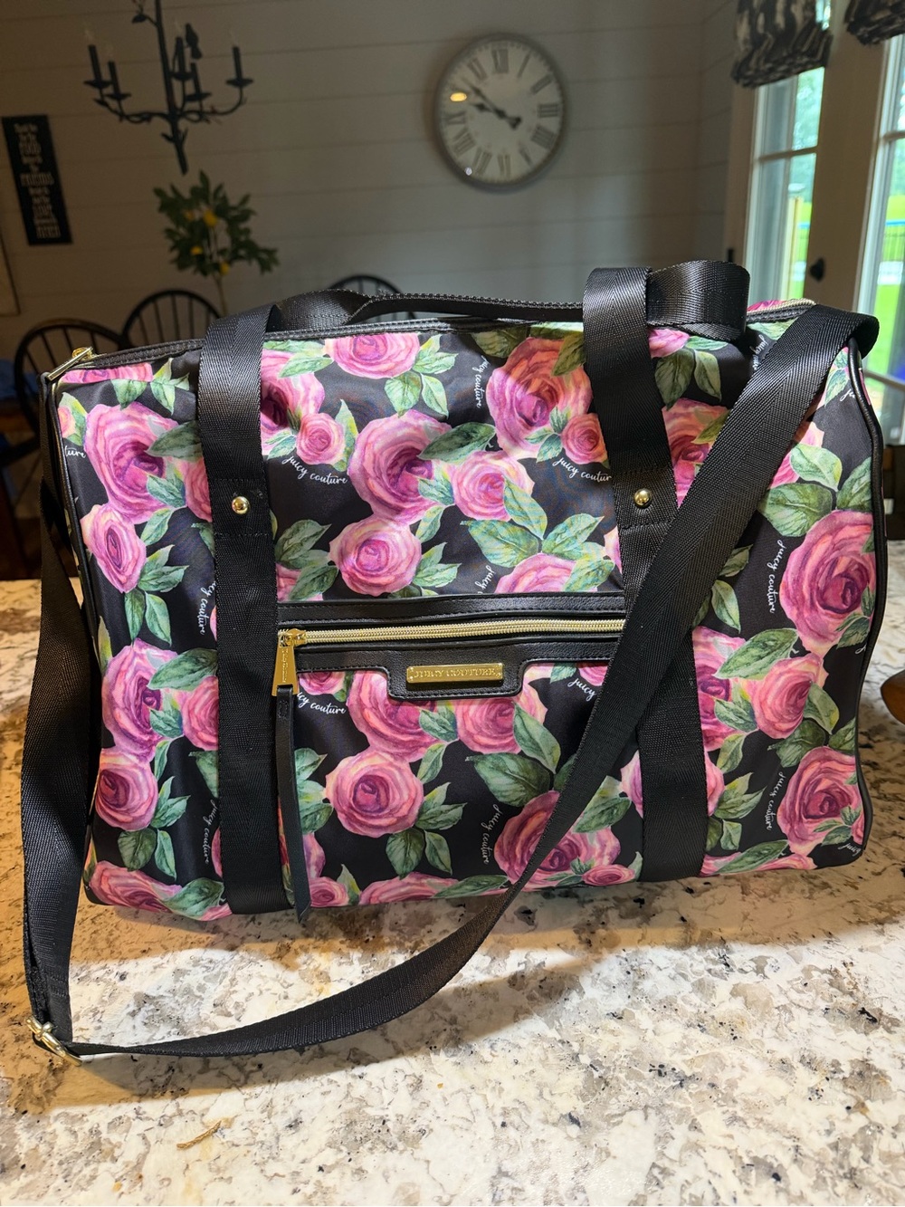 Juicy Couture Floral Shoulder Bag with Gold Logo Plaque - Pink & Green